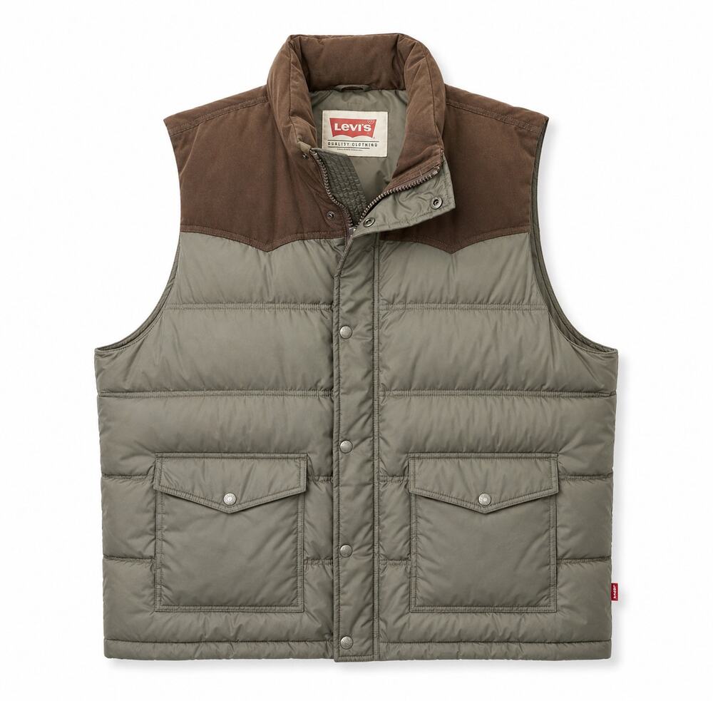 Levi’s Men’s Puffer Vest XL Olive Green Brown Western Outdoor Snap Zip
